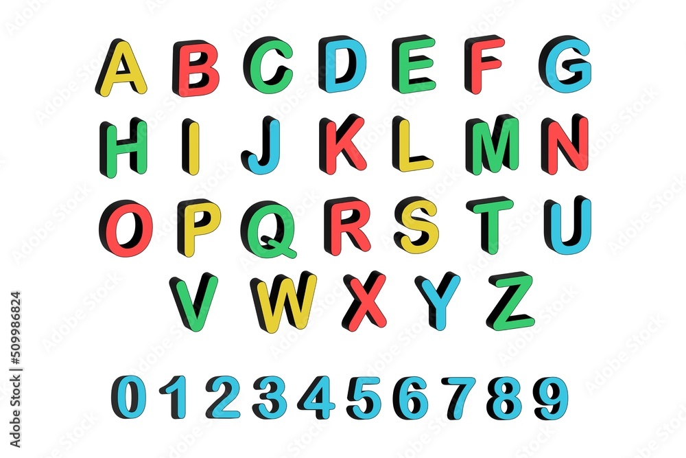 Set of multicolored letters and numbers.