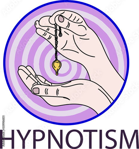 Hypnotism logo, Hynosis vector, color full sketch drawng of hand holding moving hypnotism pendulum, silhouette of hypnotism hand photo
