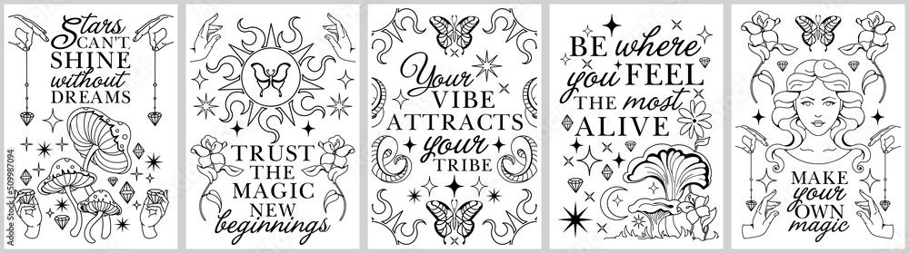Celestial silhouette alchemy vintage prints for t-shirt, tee.Sacred vector posters with inspirational slogans.Monohrom, two colors- black and white set. Frames with quotes and line art boho elements 