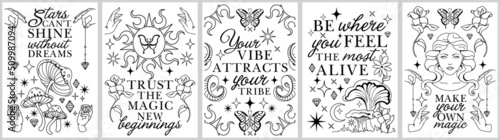 Celestial silhouette alchemy vintage prints for t-shirt, tee.Sacred vector posters with inspirational slogans.Monohrom, two colors- black and white set. Frames with quotes and line art boho elements 