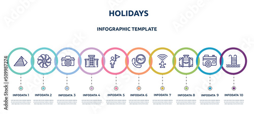 holidays concept infographic design template. included null, ventilation, digital camera, hotel, tourist guide, hotel phone, airport flight info, travelling handle bag, swimming pool ladder icons