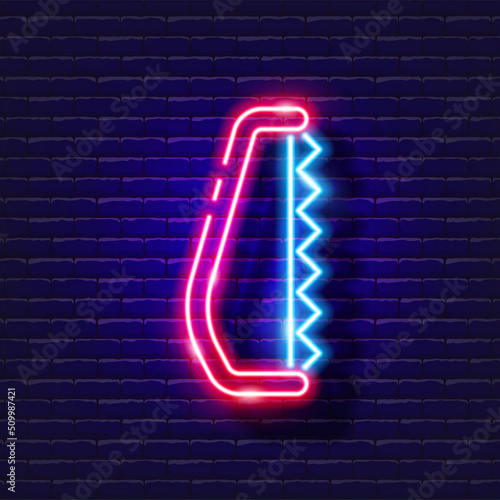 Saw neon icon. Gardening and agriculture concept. Vector sign for design, website, signboard, banner, advertisement.