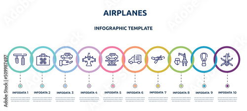 airplanes concept infographic design template. included brake pedal, drone case, rental car, military airplane bottom view, undercarriage, mini truck, watercraft, harbor, helicopter black shape top