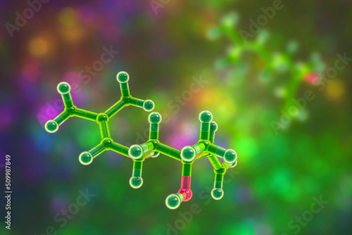 Linalool molecule, 3D illustration. Naturally occurring organic compound found in essential oils of tea tree, coriander, cymbopogon, sweet orange, lavender and other plants, has antiseptic properties