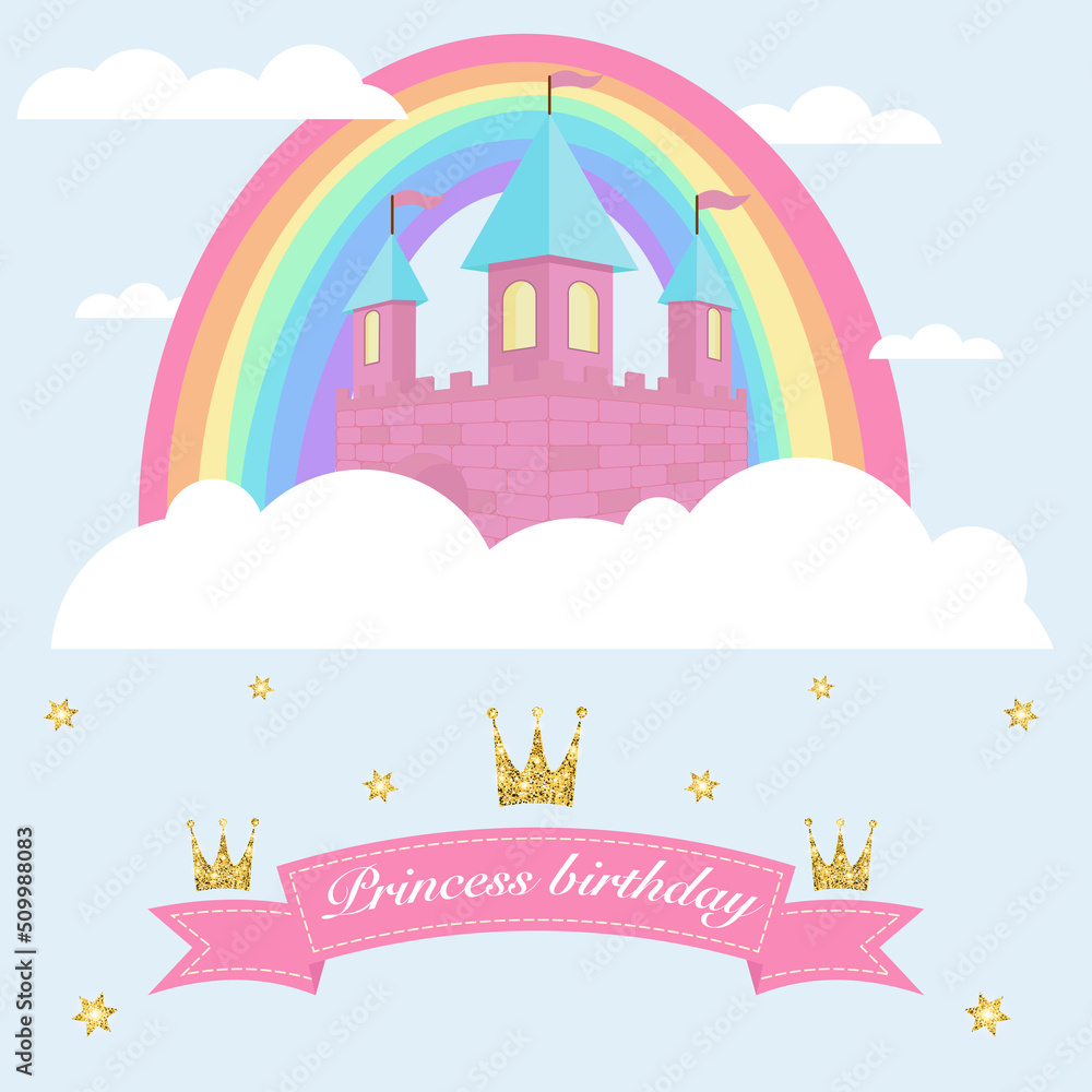 Birthday card with princess castle in a cloud.