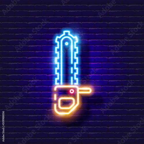 Chainsaw neon icon. Gardening and agriculture concept. Vector sign for design, website, signboard, banner, advertisement.