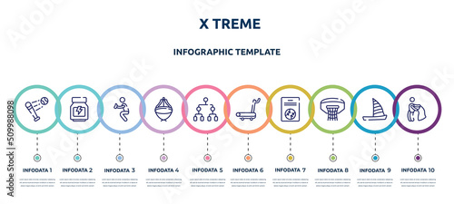 x treme concept infographic design template. included battered ball, whey protein, catcher, asian hat, playoff, treadmill hine, baseball card, basketball hoop, bullfight icons and 10 option or