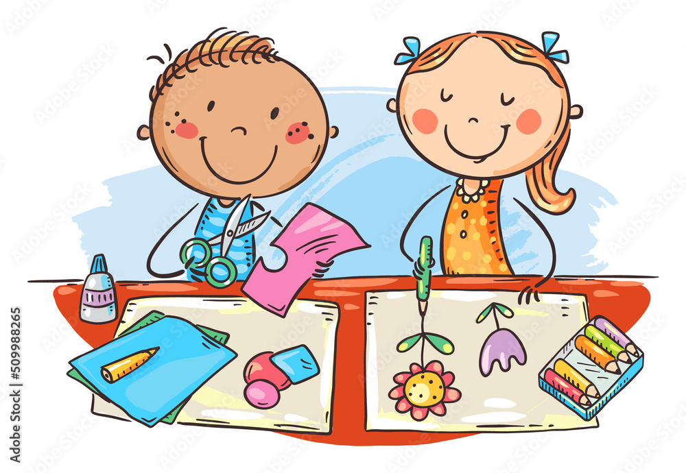 Cartoon doodle school kids enjoy crafting together, creative activities clipart Cartoon doodle school kids enjoy crafting together, creative activities clipart