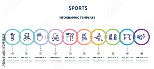 sports concept infographic design template. included golf caddy, rugby player, null, fencer, gas cilinder, led strobe, bowman, laurel wreath, hockey puck icons and 10 option or steps.