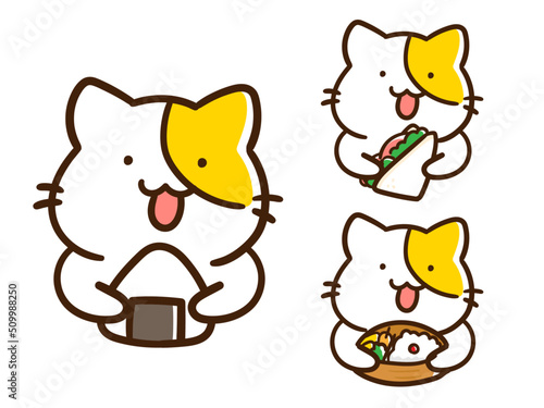 お昼ごはんを食べるかわいいねこのデフォルメイラストセット