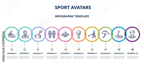 sport avatars concept infographic design template. included sledding, drivers, coin toss, shin, hang gliding, tee, hammer throwing, bike helmet, karateka icons and 10 option or steps.