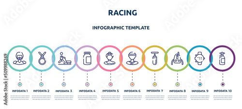 racing concept infographic design template. included hockey player, nobel prize, farming and gardening, energy bar, gymnast, judoka, sand bag, sheave, icons and 10 option or steps.
