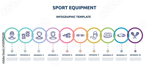sport equipment concept infographic design template. included cyclist, null, waterpolo player, kickboxer, apex, diving belt, armband, push up, lacrosse icons and 10 option or steps.