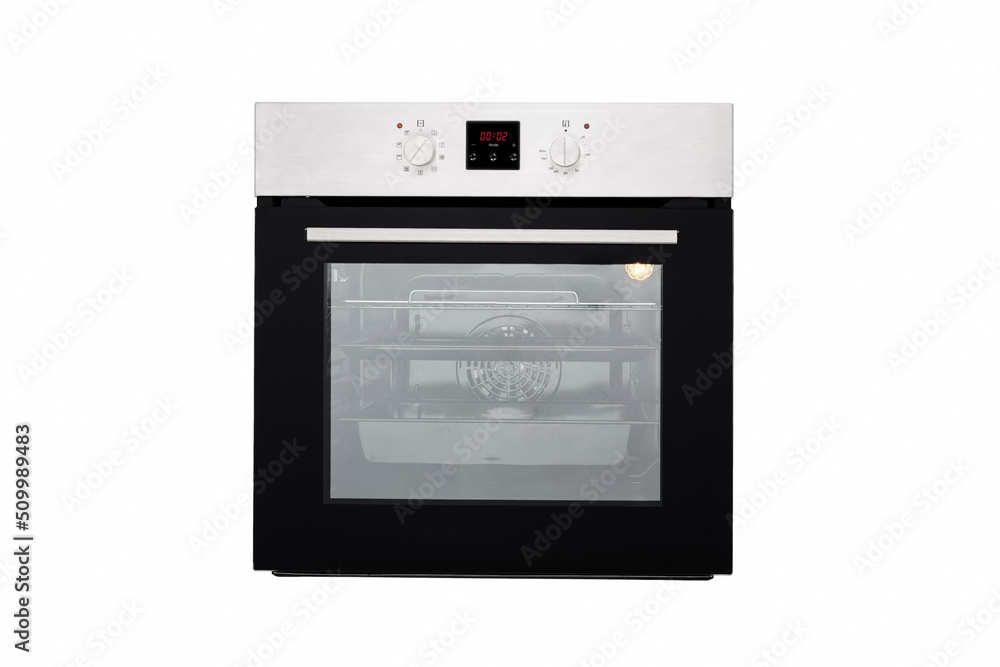 Obraz premium Electric oven black, with aluminum panel and electronic display. Front view. Isolated on white