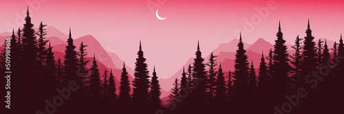 moonrise at mountain landscape with tree silhouette vector illustration flat design good for wallpaper, background, backdrop, banner, web, travel, tourism, adventure and design template