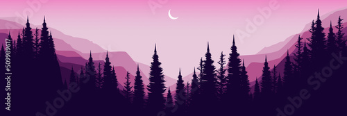 moonrise at mountain landscape with tree silhouette vector illustration flat design good for wallpaper, background, backdrop, banner, web, travel, tourism, adventure and design template