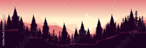 moonrise at mountain landscape with tree silhouette vector illustration flat design good for wallpaper, background, backdrop, banner, web, travel, tourism, adventure and design template