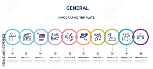 general concept infographic design template. included gift box with ribbon, fragments, shopping trolley, fretsaw, history brush, daisy bouquet, brush history, sand, bridge on avenue perspective
