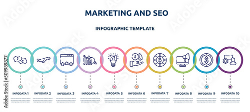 marketing and seo concept infographic design template. included talking about money, inclined airplane, page quality, analythic, light modern lamp tool, dollar coins and hand, bit round button,