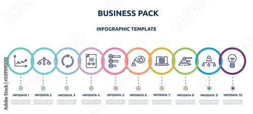 business pack concept infographic design template. included line graph, feasibility, arrow circle, gap, voting results, recommendation, online voting, pyramid stats, lightbulb with bolt icons and 10