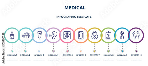 medical concept infographic design template. included drop medicine, optometrist, baby cream, hearing, x rays, bedpan, baby bib, medical results, orthodontic icons and 10 option or steps.