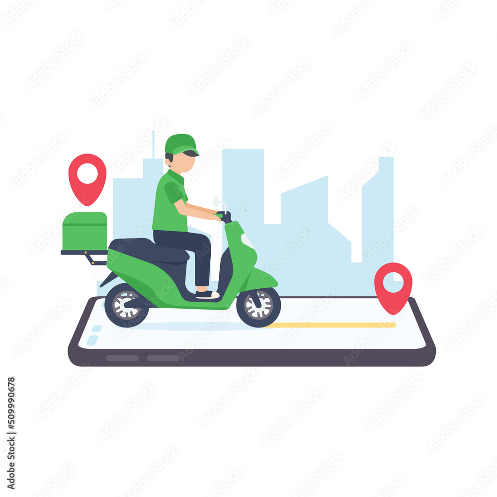 The delivery driver drives through a mobile phone with a map screen. online food delivery concept