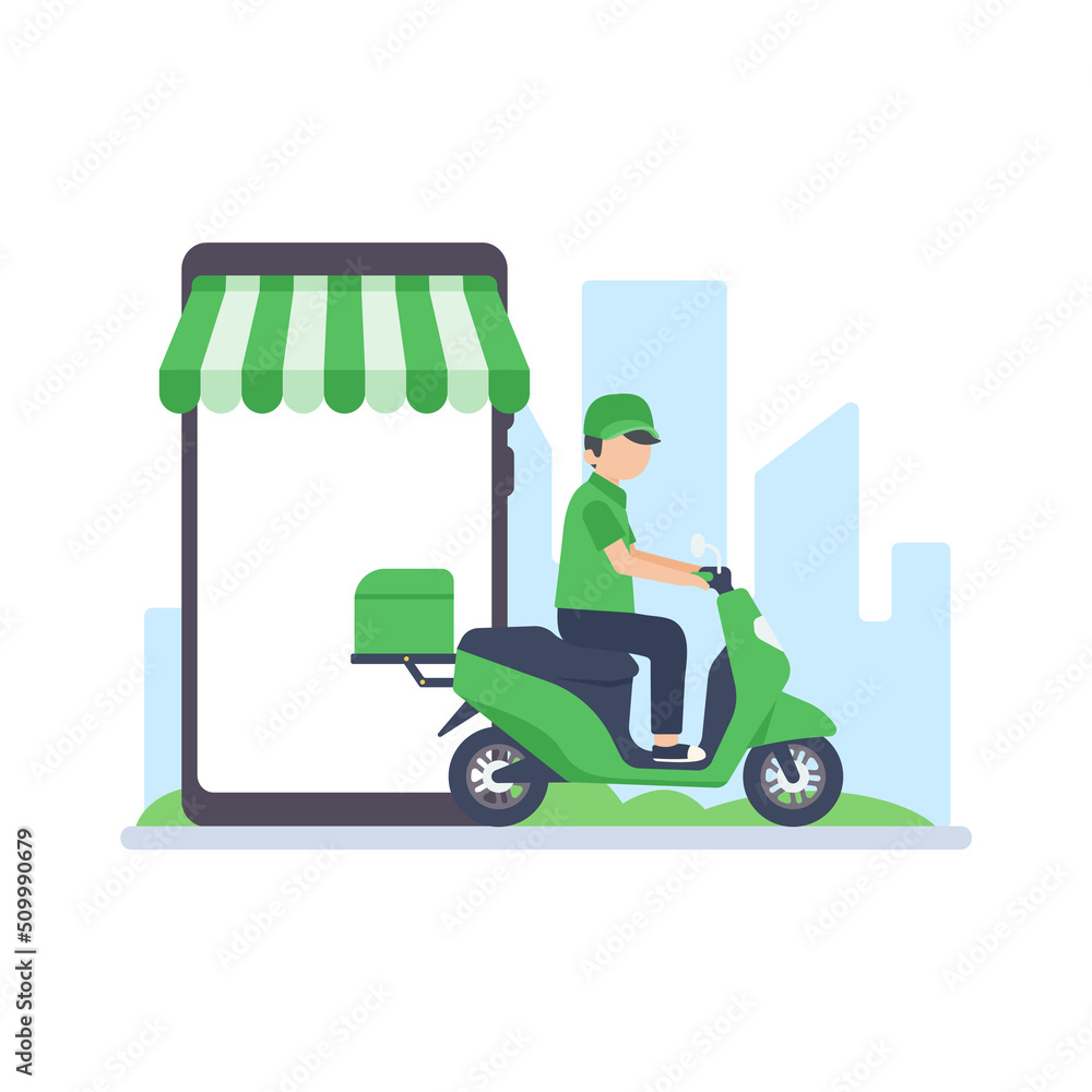 The delivery driver drives through a mobile phone with a map screen. online food delivery concept