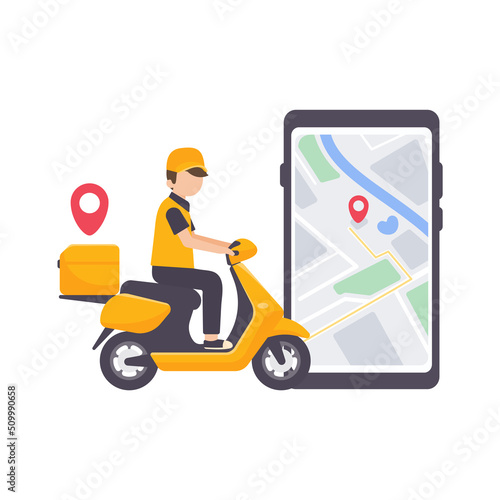 The delivery driver drives through a mobile phone with a map screen. online food delivery concept