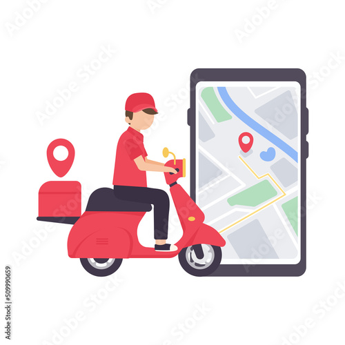 The delivery driver drives through a mobile phone with a map screen. online food delivery concept