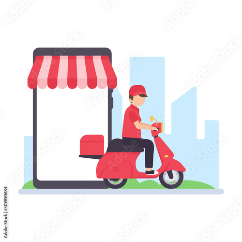 The delivery driver drives through a mobile phone with a map screen. online food delivery concept