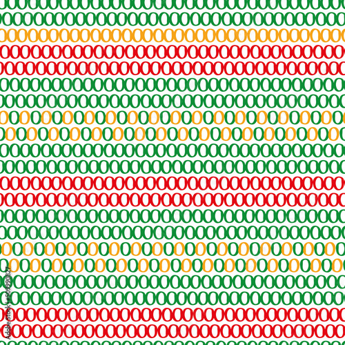 Stitch effect stripe vector seamless pattern. Hand drawn needlework looped needlework background. Red, green, yellow striped backdrop. Folk art style embroidery stitching sewing geometric repeat.