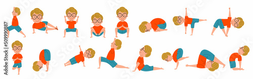 A set of poses for childrens yoga. A boy with glasses does yoga. The kids does various sports exercises. Vector illustration in a flat style.