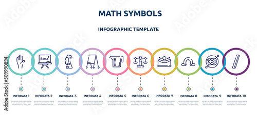 math symbols concept infographic design template. included raise hand, relativity, chemicals, flipchart, measure cup, libra, concave, omega, slash icons and 10 option or steps.