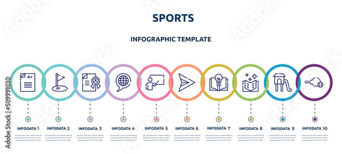 sports concept infographic design template. included scores, golf field, grade, languages, educator, paper airplane, theory, book of fairy tales, table tennis icons and 10 option or steps.