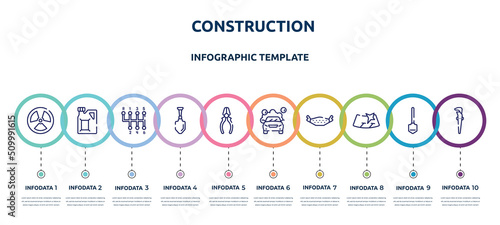 construction concept infographic design template. included radiation, gasoline, gear stick, gardening palette, repair pliers, car wash, brake pad, windshield, adjustable spanner icons and 10 option