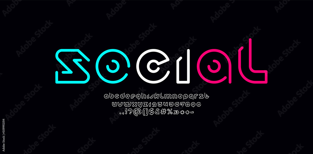 Social alphabet, font made in game style, letters and numbers made lines style Social alphabet, font made in game style, letters and numbers made lines style