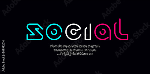 Social alphabet, font made in game style, letters and numbers made lines style