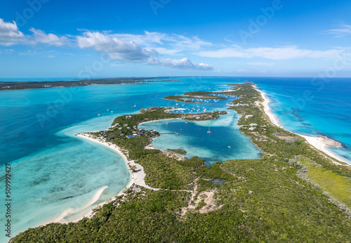 The drone aerial view of t Stocking Island, Great Exuma, Bahamas.