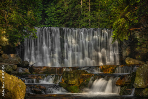 Dziki waterfall in Karpacz town in Krkonose mountains in spring fresh morning