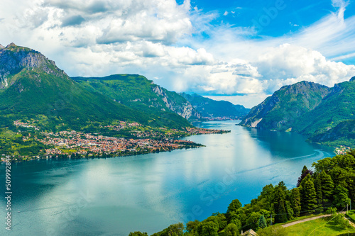 Panoramic image of the Lecco shore of Lake Como, with the mountains and villages of the province of Lecco. 