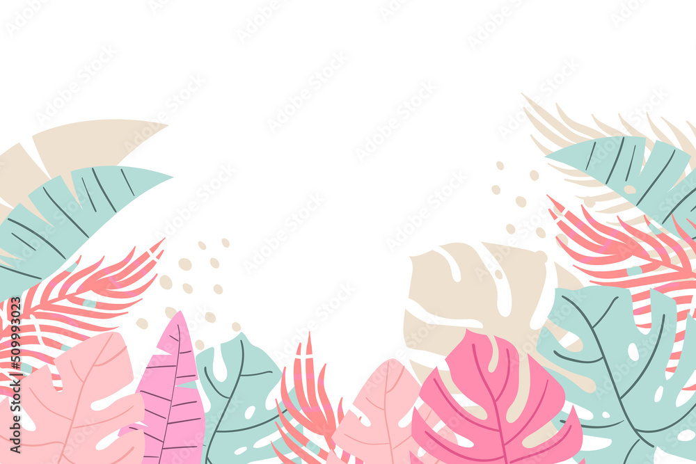 Banner with tropical leaves. Tropical background. Colorful monstera leaves, banana leaves, dots. Modern summer design. Trendy wallpapers.	