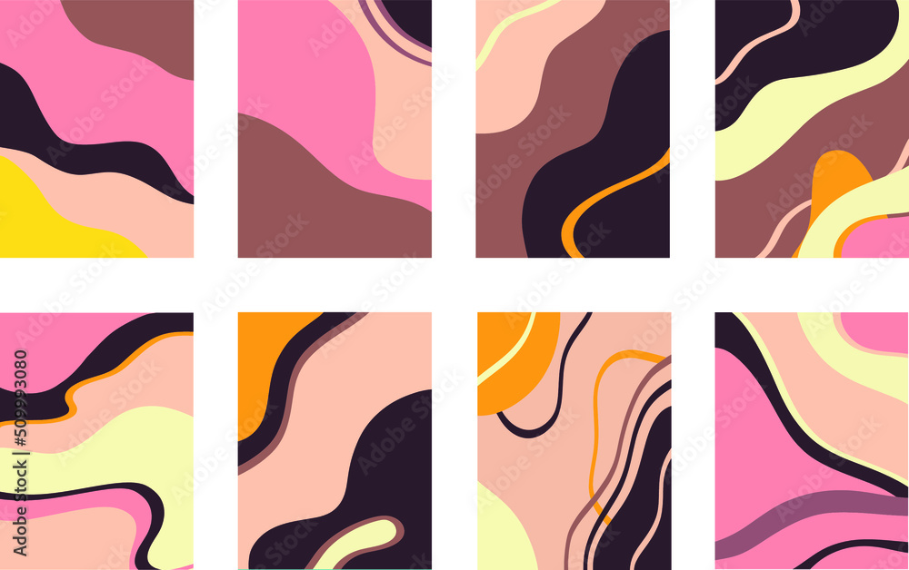 Vector illustration of collage of creative paintings with colorful abstract swirls and lines against white background