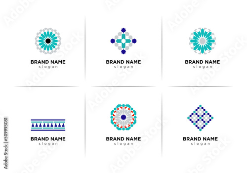 Set of minimalistic elegant geometric Arabic Mosaic  elements. Logotype inspiration, premade decorative fashion labels, signs. Vector Zellige 