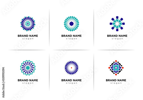 Set of minimalistic elegant geometric Arabic Mosaic  elements. Logotype inspiration, premade decorative fashion labels, signs. Vector Zellige 