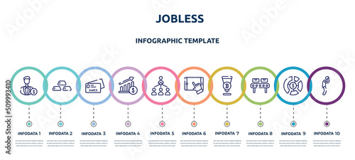 jobless concept infographic design template. included investors, gold ingots, , raise, organization chart, touch screen, passion, manufacture, depressed icons and 10 option or steps.