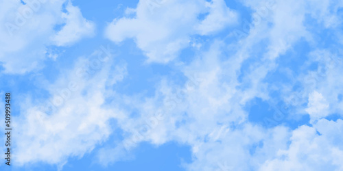 Blue skies with white clouds background. Romantic sky. Abstract nature background of romantic summer blue sky with fluffy clouds. Beautiful puffy clouds in bright blue sky in day sunlight.