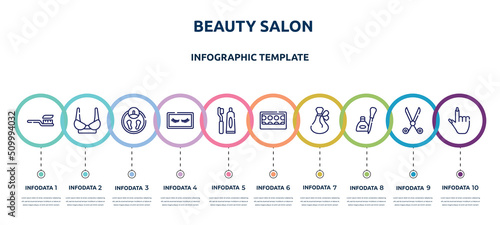 beauty salon concept infographic design template. included tooth brush, women brassiere, big scale, false eyelashes, toothbrush and toothpaste, eye shadow pallette, french perfume, eyeliners, finger