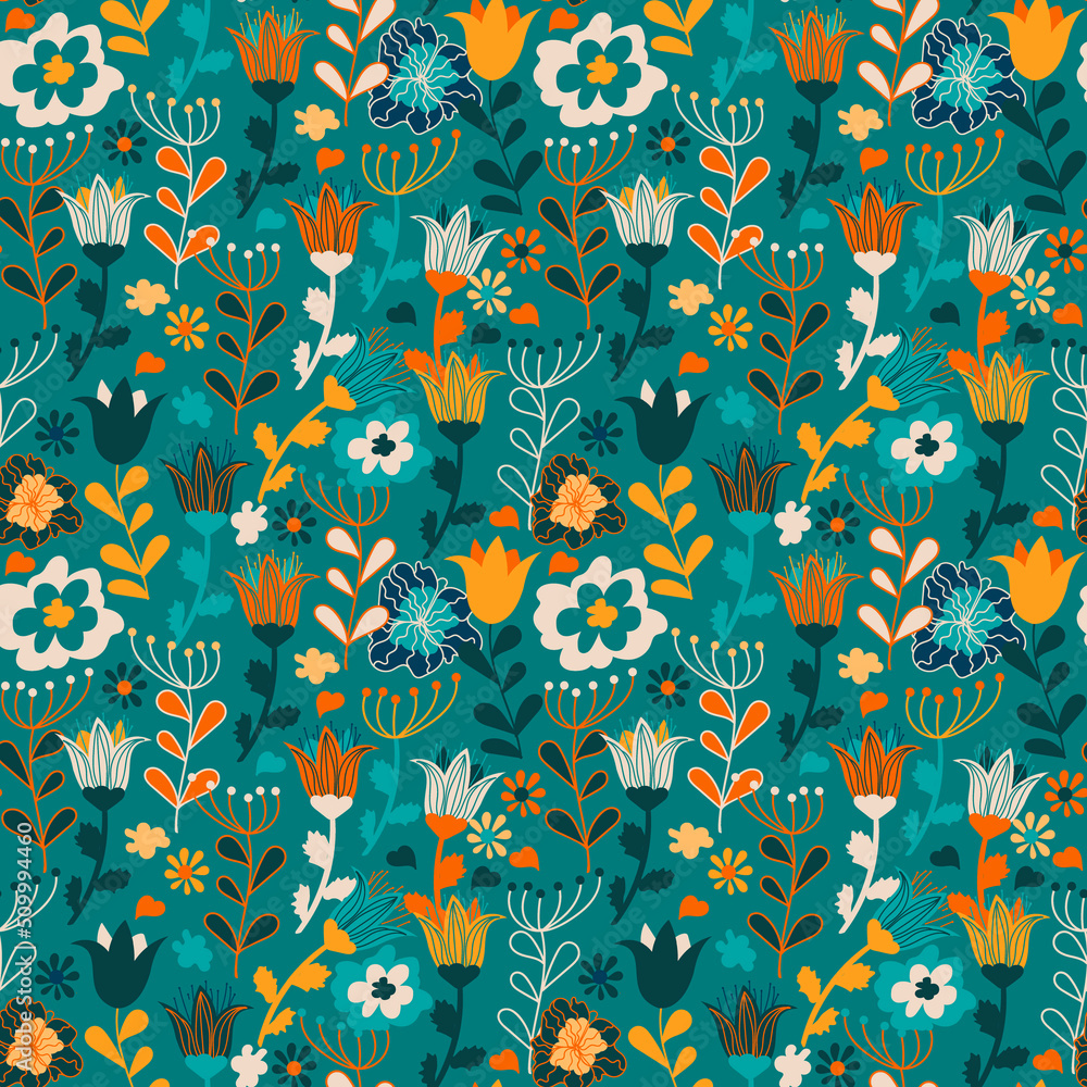 Organic floral seamless abstract background, botanical motif, vector. Colorful floral texture for kids. Seamless pattern with flowers, berries, leaves