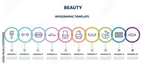 beauty concept infographic design template. included tint, lashes, razorblade, moustaches, bellybutton, hand bag, facial hair, romantic, seductive icons and 10 option or steps.