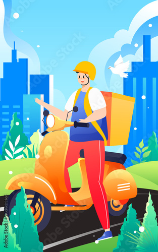 Courier delivering on a motorcycle with various plants and buildings in the background, vector illustration